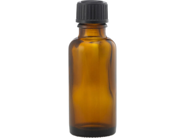 Glasflaske med sort låg med dråbeindsats 30 ml.
